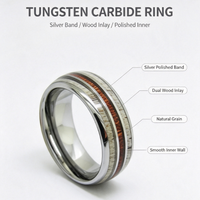 Bague en carbure de tungstène argenté avec incrustation de bois rouge et de bois de cerf, alliance polie de 8 mm pour homme, bijoux inspirés de la nature en gros