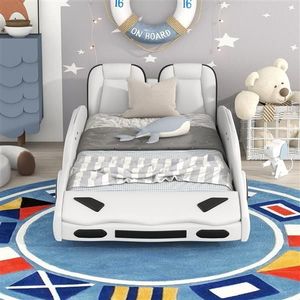Letto a piattaforma a forma di auto da corsa bianco, singolo, con ruote, per camerette dei bambini - Product Image 2