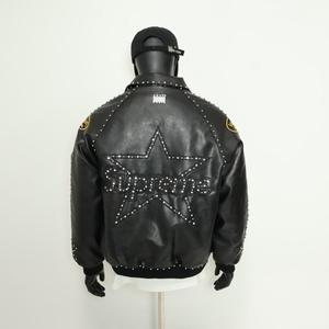 Men Varsity Jacket Black Studded Letter Print Turn <b>Down</b> Collar Zipper Faux Leather Retro Casual Streetwear Varsity Jacket - Product Image 2