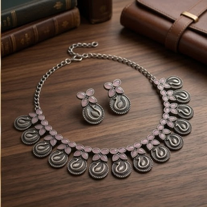 DIVYORO Women's Soft <b>Pink</b> Peacock Link Oxidized Silver Long Adjustable Classic <b>Necklace</b> for Anniversary - Product Image 2
