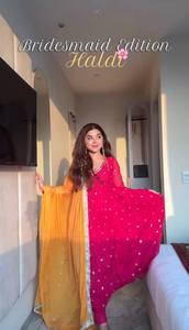 VISHNU K DESIGNS Ensemble de costume et dupatta en tricot de georgette lourde brodée à manches longues, coupe régulière, séchage rapide, moderne pour femme - Product Image 5