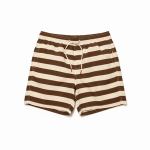 Premium Brown Beige Thick Striped High Waist Drawstring Swim <b>Trunks</b>-Quick-Dry Spandex/Polyester Customizable Logo Designer - Product Image 1