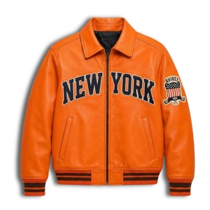เสื้อแจ็คเก็ตบอมเบอร์หนังสีส้มสดใสพรีเมียมสไตล์สตรีทแวร์ Kith Avirex New York Knicks พร้อมลายปักยาวแบบทีมเฮอริเทจ - Product Image 1