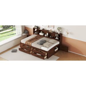 Cama de Madera Estilo Capitán, Tamaño Completo, Color Marrón Antiguo, con Estantes de Almacenamiento Integrados, 4 Cajones y 2 Armarios - Product Image 4