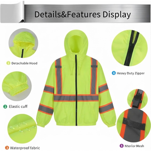 เสื้อแจ็คเก็ตนิรภัยสะท้อนแสงสีเหลืองแบบกันน้ำพร้อมฮู้ดและแถบสีเงิน - Product Image 3