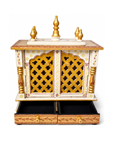 Temple hindou artisanal en bois blanc et doré, décoration intérieure par The D.N.A Group, élégante décoration de salon, armoire de prière avec porte.