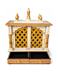 Temple hindou artisanal en bois blanc et doré, décoration intérieure par The D.N.A Group, élégante décoration de salon, armoire de prière avec porte. - Product Image 1