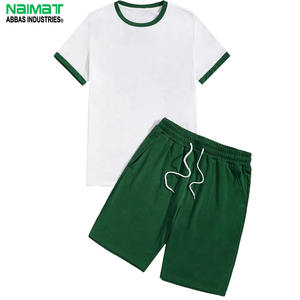<b>Mens</b> <b>White</b> and Green Ringer <b>Shorts</b> Set Casual <b>Short</b> <b>Sleeve</b> Contrast Trim T <b>Shirt</b> and Drawstring <b>Shorts</b> Summer Tracksuit - Product Image 1