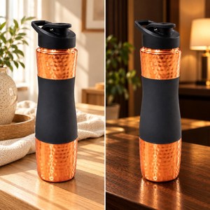 Bouteille d'eau en cuivre martelé artisanal, avec étui noir, réutilisable - Product Image 5