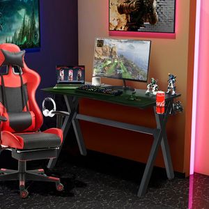 Escritorio para Juegos con Superficie de Fibra de Carbono LED, Portavasos y Soporte para Auriculares para Oficina en Casa - Product Image 1