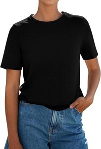 Haut court noir à col en V et manches courtes pour femme, coupe classique, en coton tricoté, couleur unie, respirant, écologique, séchage rapide - Product Image 2