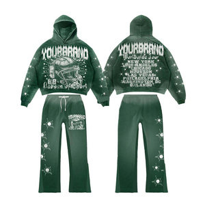 Custom Oversized Distressed Zip Hoodie Stacked Flare Pants Winter Acid Wash Tracksuit Men's High Quality Cotton Sweat suit Set - Product Image 1