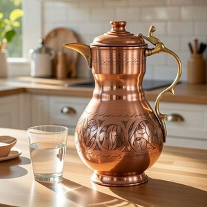 Luxury Textured Copper Water Jug with Decorative Lid Copper Pitcher with Ornate Brass Handle for Home Hotels Use - Product Image 1
