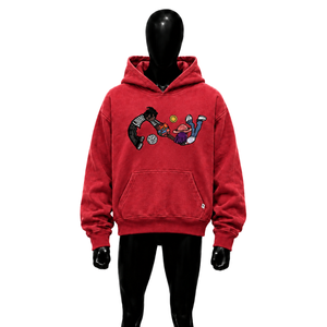 Sudadera con Capucha Roja de Estilo Urbano con Bordado de Dibujos Animados, Sudadera Holgada con Bolsillo Tipo Canguro, Sudadera Informal de Moda Urbana - Product Image 1