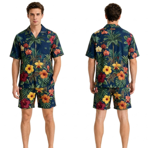 Conjunto de Shorts Hawaianos Sublimados, Color Azul Marino Oscuro, Tela Ligera y Suave, Estilo Casual para Vacaciones de Verano - Product Image 1