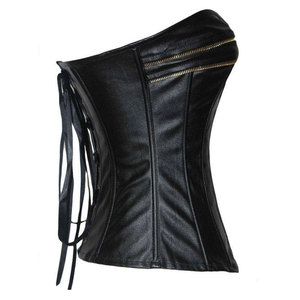 Salva Leather <b>Women's</b> Black Leather Corset <b>Waistcoat</b> V-neck Zipper Closure Lace-Up Back Casual Style Waterproof Outerwear - Product Image 3
