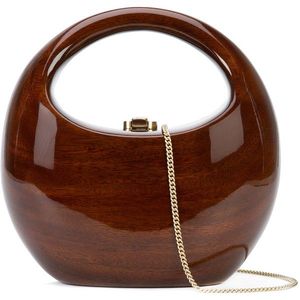 Bolso de mano de madera con correa de cadena dorada y asa superior, diseño personalizado, forma rectangular, madera pulida con vetas marrones - Product Image 2