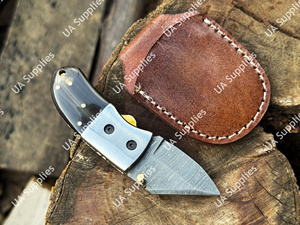 Cuchillo de Camping Plegable Profesional de Acero de Damasco, Hoja Afilada Tipo Drop Point, Miniatura de Bolsillo, Mango de Cuerno de Toro, Funda de Cuero - Product Image 4