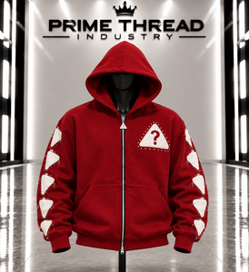 Wholesale Custom Men’s <b>Red</b> Zip Up Hoodie Distressed Applique Patch Hoodie Rhinestone Studded Sleeve Oversized Streetwear Hoodie - Product Image 1