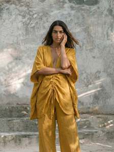 Yellow Cotton Woven Boho Maxi Dress Mandarin Collar Sleeveless Loose Fit <b>Wrap</b> Tie Front Breathable Summer Casual <b>Sweet</b> - Product Image 3