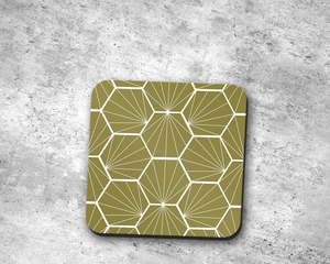 Modern Square Wooden Enamel Print <b>Coaster</b> with Geometric Pattern in Olive Green and White, Non-Slip Design for <b>Table</b> Decoration - Product Image 1