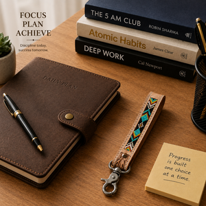 Porte-clés artisanal en cuir marron perlé, motif tribal bleu et noir gravé, accent unique, fermoir métallique, style western vintage - Product Image 2