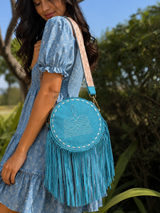 Round Suede Fringe Handbag With Shoulder Strap Bohemian Style Turquoise Color Women's Daily Use Bag - Product Image 1