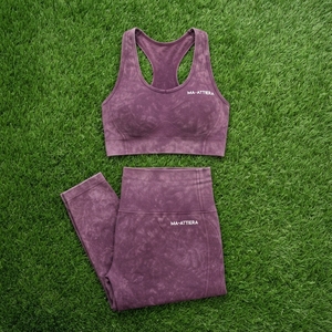 Women Plum Purple Acid Wash Yoga Set <b>Racerback</b> Sports <b>Bra</b> High Waist Leggings Gym Fitness Workout Activewear - Product Image 5
