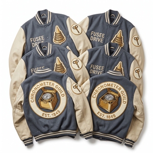 Blouson universitaire personnalisé OEM en laine avec manches en cuir, broderie horlogère, patch Deadbeat Escapement, manteau bleu marine - Product Image 6