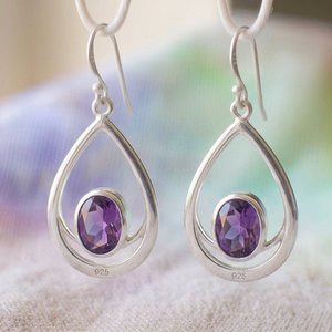 925 Sterling Silver Amethyst Dangle Earrings Bohemian Flower Shape Oval <b>Drop</b> Openwork Tear Design Gift Jewelry for Women - Product Image 1
