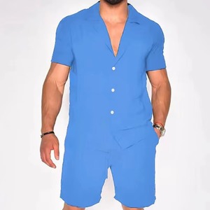 Conjunto de Camisa Negra de Manga Corta para Hombre con Pantalones Cortos Bermuda, Transpirable, Satinado, 100% Algodón, Cintura Elástica, Estilo Casual Elegante - Product Image 3