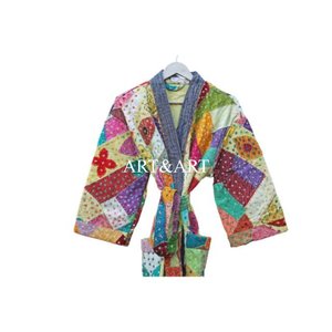 Indian Handmade Kantha Cutwork Elegant Pure Cotton Quilted Winter/Spring Multicolor Patchwork <b>Kimono</b> <b>Robe</b> Women's Wear Gift - Product Image 4