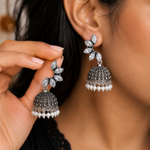 Wholesale Brass Oxidized <b>Silver</b> Vintage Handmade CZ Leaf <b>Dangle</b> Pearl Drop Jhumka <b>Earrings</b> for Women Ethnic Boho Indian Wedding - Product Image 1