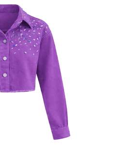 Chaqueta Vaquera Corta Morada Personalizada para Mujer con Cierre de Botones Frontales con Pedrería, Manga Larga, Estilo Urbano - Product Image 4