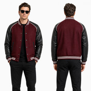 Veste universitaire pour homme de couleur marron avec manches en cuir PU noir, fermeture à boutons, vêtement décontracté, coupe classique, col rabattu, couleur unie - Product Image 4