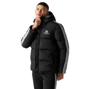 <b>Black</b> <b>Men's</b> Retro Taped Puffer Jacket Hooded Quilted Winter <b>Coat</b> <b>Long</b> Sleeve Warm Outerwear With Side Pockets Casual Outdoor - Product Image 1