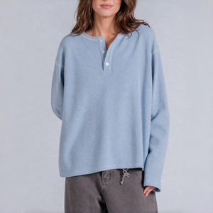 <b>Women's</b> Oversized Waffle <b>Henley</b> <b>Top</b> Long Sleeve Loose Fit 3 Button Casual Streetwear T-Shirt with Custom Service - Product Image 1