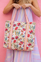 Tas Tote Lipat Berbahan Katun Boho Ramah Lingkungan Buatan Tangan Berwarna-warni dengan Ritsleting, Cocok untuk Pantai, Perjalanan, Belanja, Bermotif Bunga Cetak Tangan