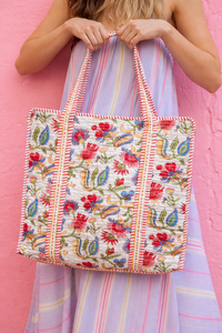 Sac fourre-tout bohème multicolore en coton matelassé, sac de plage et de voyage, sac de shopping en coton imprimé à la main en gros, motif floral 14x16 pouces - Product Image 3