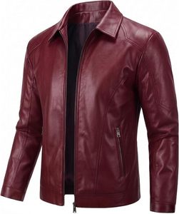Men's <b>Slim</b> <b>Fit</b> PU Leather Moto <b>Jacket</b> Turn-down Collar Zipper Closure Solid Black Regular Length Autumn Wear - Product Image 2