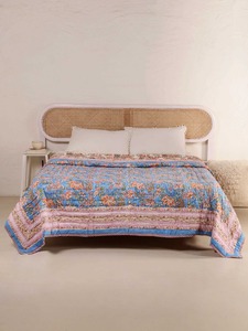 Bohemian Printed <b>Quilt</b> Blue Floral Pattern Handmade Cotton All-Season <b>Bedding</b> Set - Product Image 2
