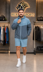 REXFIT SPORTS 2026 Custom <b>Men</b>’s Blue Grey Nylon Track Set <b>Lightweight</b> Hooded Windbreaker <b>Jacket</b> and Shorts Gym Running Team - Product Image 3