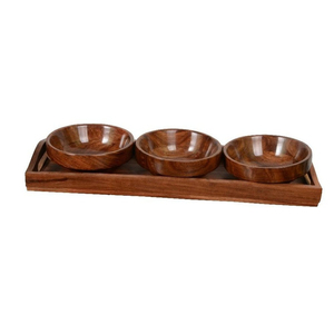 Ensemble de bols à condiments en bois d'acacia artisanal de qualité supérieure avec plateau de service rectangulaire, 3 pièces, plateau écologique en bois pour les sauces et les en-cas - Product Image 6