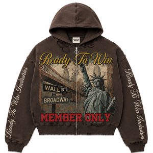 Ready To Win Industries <b>Men's</b> Oversized Hooded Zip-Up Sweatshirt Streetwear Style Brown Printed Design Member <b>Only</b> - Product Image 1