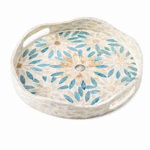 Plateau de service rond en nacre incrustée, mosaïque géométrique verte, plateau de centre de table, plateau décoratif de luxe - Product Image 3