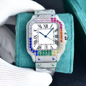 Montre à quartz à cadran carré, lunette sertie de diamants, bracelet en saphir arc-en-ciel, affichage de la date, luxe et mode - Product Image 2