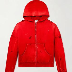 Sudadera con capucha térmica para hombre, hecha a medida, estilo vintage, con hombros caídos, lavado ácido, desgastada, con parches, corte y costura, con cremallera - Fabricante de ropa - Product Image 3