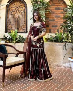 Ensemble de costume Sharara pour femmes en velours brodé, broderie florale à paillettes, tenue de fête à manches courtes à capuche - Product Image 1