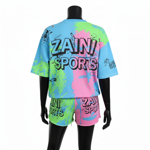 Ensemble T-shirt et short pour femme en jersey de coton premium 180 GSM, avec empiècements color block et logo personnalisé sérigraphié - Product Image 2