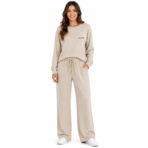 Ensemble de survêtement pour femme en molleton de coton, sweat-shirt à col rond, pantalon large avec poche poitrine, logo personnalisé, vêtements de détente, vente en gros, fournisseur OEM - Product Image 1